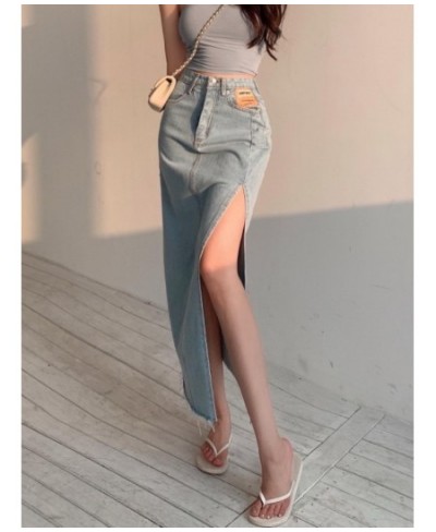 DEEPTOWN Long Denim Skirt Vintage Women Solid High Waist A-LINE Slim Korean Style Jean Slit Midi Skirt Summer Fashion Girl $4...