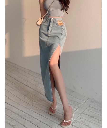 DEEPTOWN Long Denim Skirt Vintage Women Solid High Waist A-LINE Slim Korean Style Jean Slit Midi Skirt Summer Fashion Girl $4...