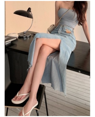 DEEPTOWN Long Denim Skirt Vintage Women Solid High Waist A-LINE Slim Korean Style Jean Slit Midi Skirt Summer Fashion Girl $4...