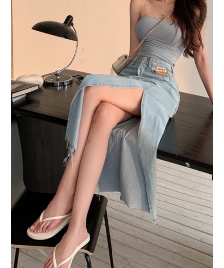 DEEPTOWN Long Denim Skirt Vintage Women Solid High Waist A-LINE Slim Korean Style Jean Slit Midi Skirt Summer Fashion Girl $4...