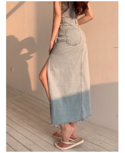 DEEPTOWN Long Denim Skirt Vintage Women Solid High Waist A-LINE Slim Korean Style Jean Slit Midi Skirt Summer Fashion Girl $4...