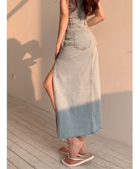 DEEPTOWN Long Denim Skirt Vintage Women Solid High Waist A-LINE Slim Korean Style Jean Slit Midi Skirt Summer Fashion Girl $4...