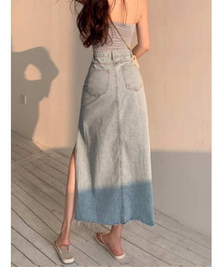 DEEPTOWN Long Denim Skirt Vintage Women Solid High Waist A-LINE Slim Korean Style Jean Slit Midi Skirt Summer Fashion Girl $4...