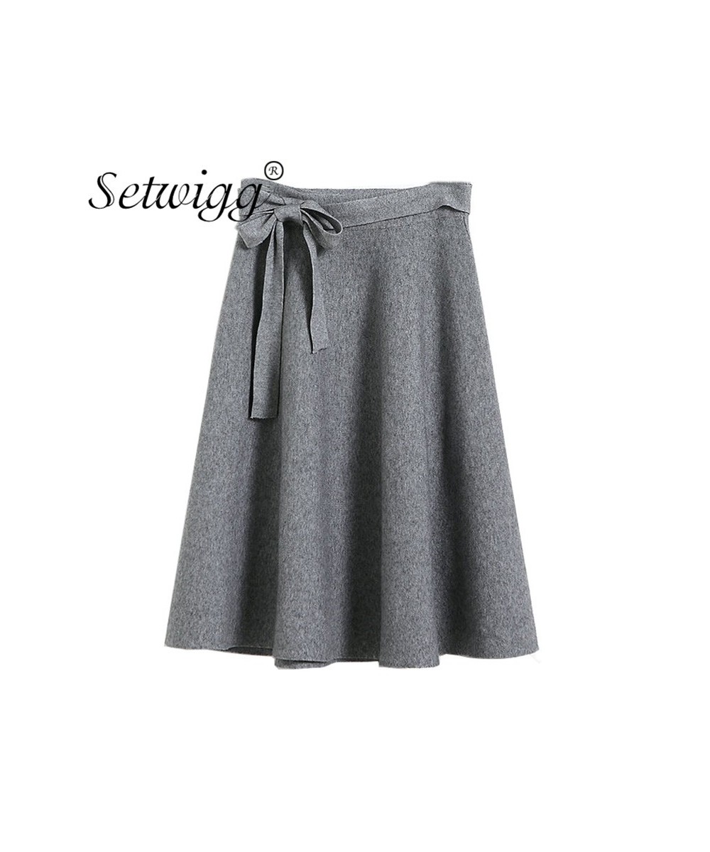 Autumn Cashmere Blend Knitted Midi Skater Skirts Bowknot Gray Wool A-line Winter Knit Skirts $33.23 - Bottoms