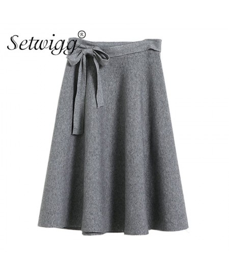 Autumn Cashmere Blend Knitted Midi Skater Skirts Bowknot Gray Wool A-line Winter Knit Skirts $33.23 - Bottoms