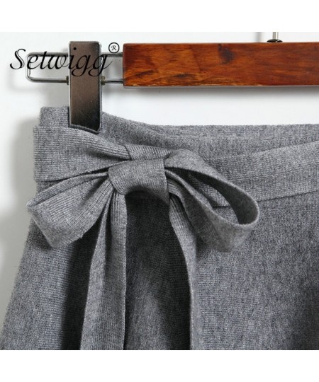 Autumn Cashmere Blend Knitted Midi Skater Skirts Bowknot Gray Wool A-line Winter Knit Skirts $33.23 - Bottoms