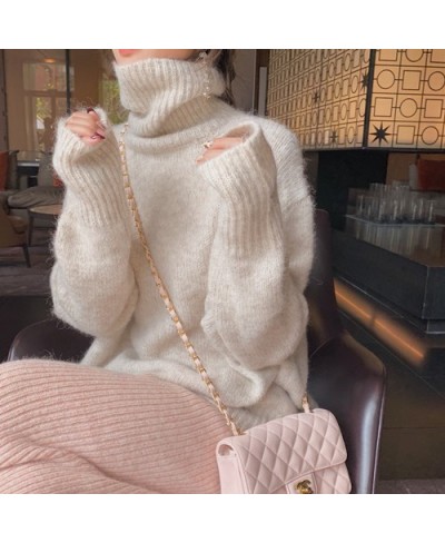 Fashion Women Turtleneck Warm Pullovers Lazy Style Autumn Winter Long Sleeve Mohair Knitted Soft Thick Pink Loose Sweater $43...