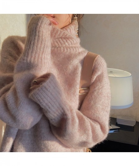 Fashion Women Turtleneck Warm Pullovers Lazy Style Autumn Winter Long Sleeve Mohair Knitted Soft Thick Pink Loose Sweater $43...