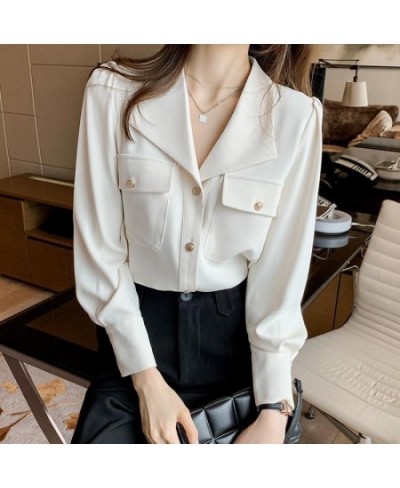 Commute Solid Color Chic Single-breasted Blouse Spring Autumn Fashion Pockets Long Sleeve Women's Clothing All-match Lapel $3...