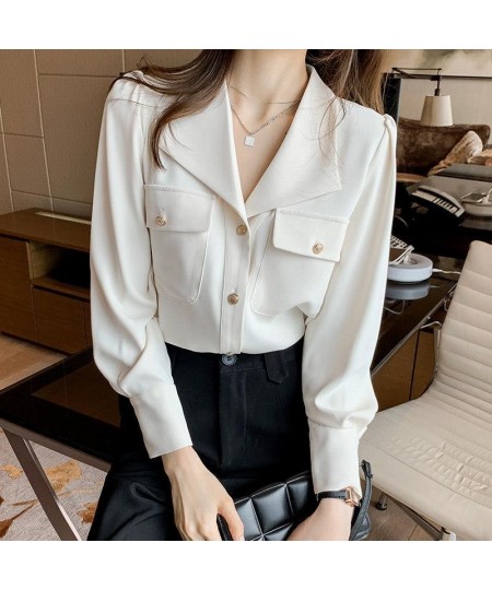 Commute Solid Color Chic Single-breasted Blouse Spring Autumn Fashion Pockets Long Sleeve Women's Clothing All-match Lapel $3...