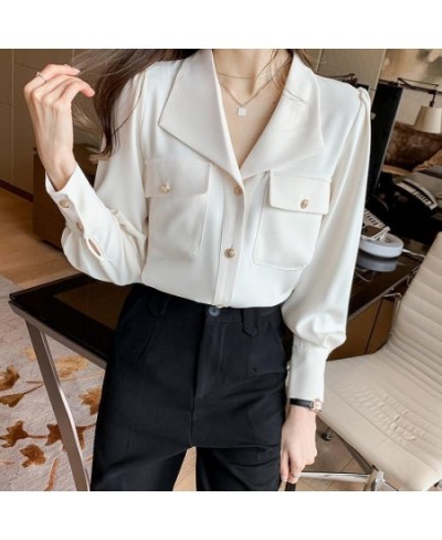 Commute Solid Color Chic Single-breasted Blouse Spring Autumn Fashion Pockets Long Sleeve Women's Clothing All-match Lapel $3...