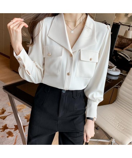 Commute Solid Color Chic Single-breasted Blouse Spring Autumn Fashion Pockets Long Sleeve Women's Clothing All-match Lapel $3...