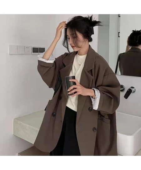 Vintage Brown Blazer Women Elegant Official Ladies Spring Autumn Fashion Long Sleeve Oversized Chic Casual Suit Jacket $44.07...