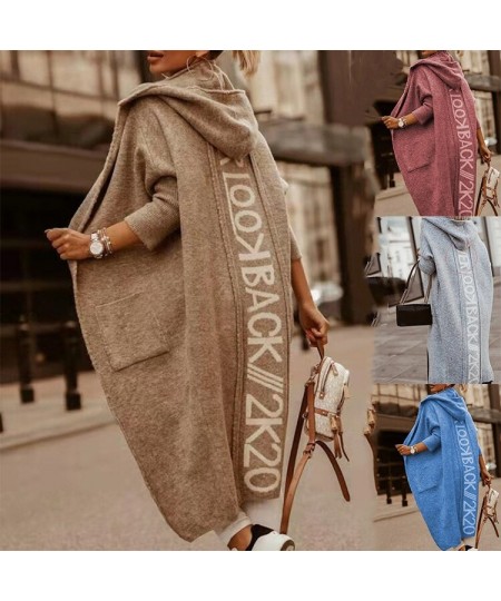 2023 New Mid length Cardigan Hooded Letter Knitted Sweater Coat $58.38 - Tops & Tees