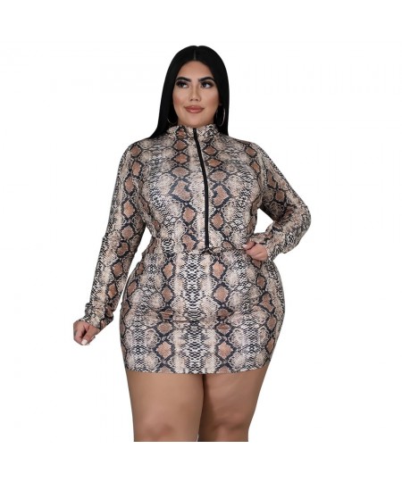 Plus Size Sexy Serpentine Print 3 Piece Sets Womens Outfits Zipper Long Sleeve Cardigan Strapless Vest and Mini Skirts Clothe...