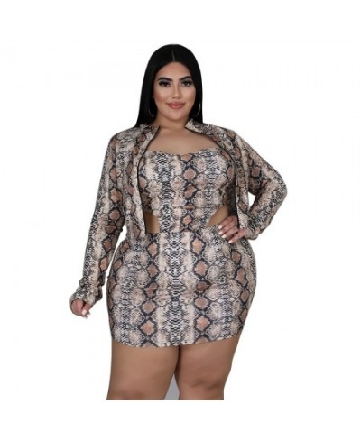 Plus Size Sexy Serpentine Print 3 Piece Sets Womens Outfits Zipper Long Sleeve Cardigan Strapless Vest and Mini Skirts Clothe...