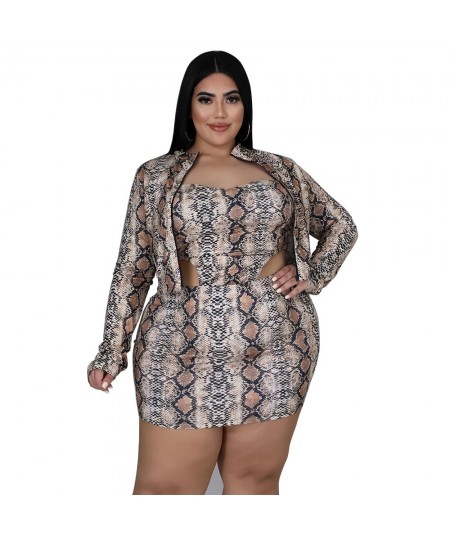 Plus Size Sexy Serpentine Print 3 Piece Sets Womens Outfits Zipper Long Sleeve Cardigan Strapless Vest and Mini Skirts Clothe...