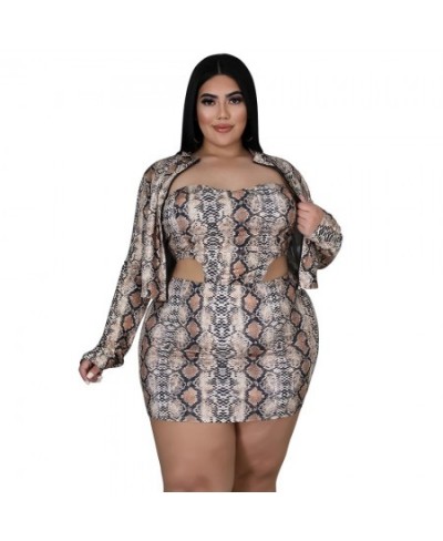 Plus Size Sexy Serpentine Print 3 Piece Sets Womens Outfits Zipper Long Sleeve Cardigan Strapless Vest and Mini Skirts Clothe...