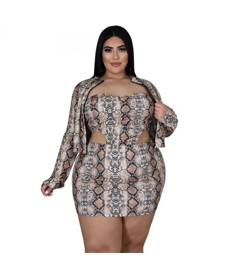 Plus Size Sexy Serpentine Print 3 Piece Sets Womens Outfits Zipper Long Sleeve Cardigan Strapless Vest and Mini Skirts Clothe...