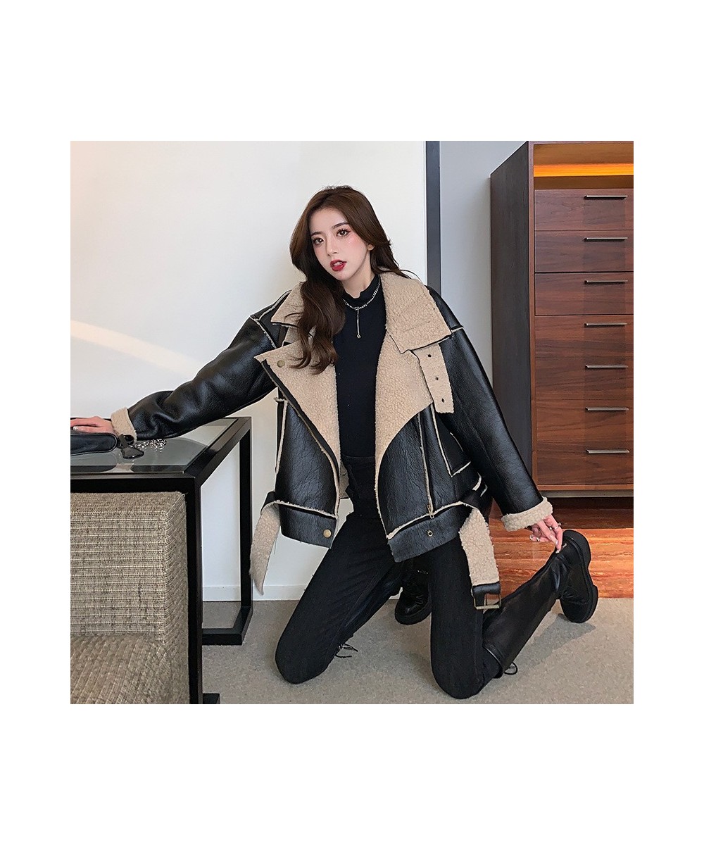 2022 Winter Warm Sheepskin Jacket Women Loose Retro Streewear Motorcycle Clothing Female With Belt Oversized Aviator Outwear ...