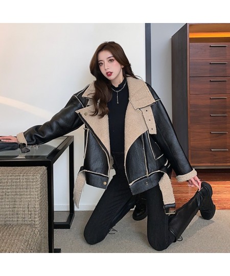 2022 Winter Warm Sheepskin Jacket Women Loose Retro Streewear Motorcycle Clothing Female With Belt Oversized Aviator Outwear ...