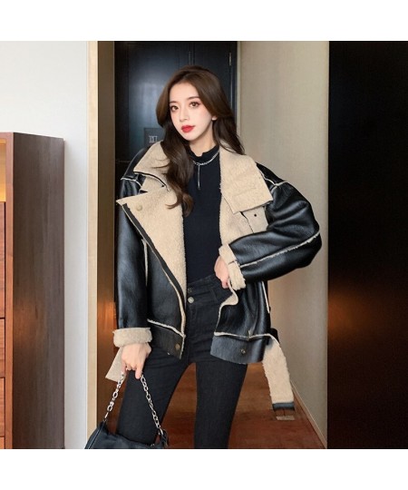 2022 Winter Warm Sheepskin Jacket Women Loose Retro Streewear Motorcycle Clothing Female With Belt Oversized Aviator Outwear ...