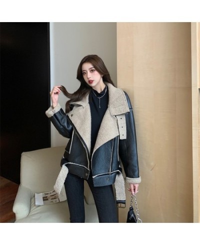 2022 Winter Warm Sheepskin Jacket Women Loose Retro Streewear Motorcycle Clothing Female With Belt Oversized Aviator Outwear ...