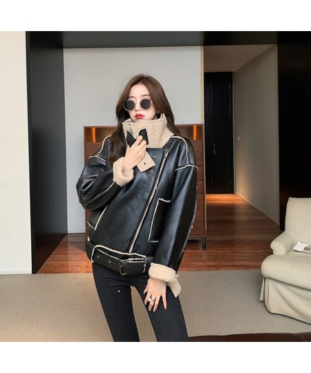 2022 Winter Warm Sheepskin Jacket Women Loose Retro Streewear Motorcycle Clothing Female With Belt Oversized Aviator Outwear ...