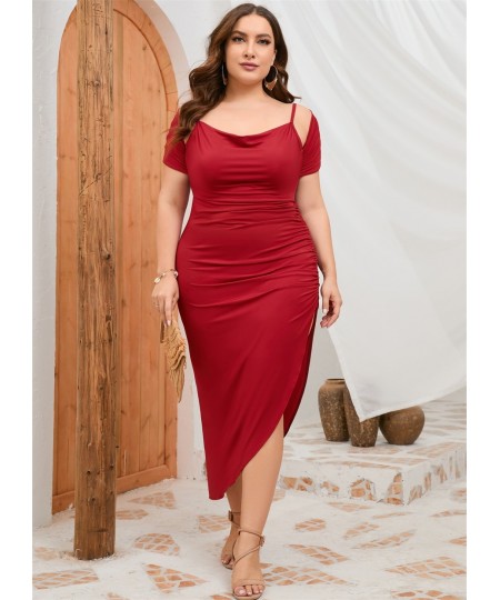 Plus Size Women Elegant Dresses Fashion Halter Shawl Party Dresses Solid Color Wrinkled Tight Dress Large Size Female Clothin...