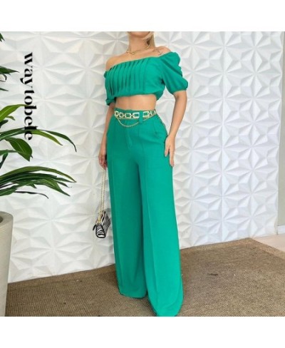 Women Two Piece Set Summer Fashion One Shoulder Short Puff Sleeve Slim Tops Loose Wide Legs Pants Sets High Streetwear $43.97...