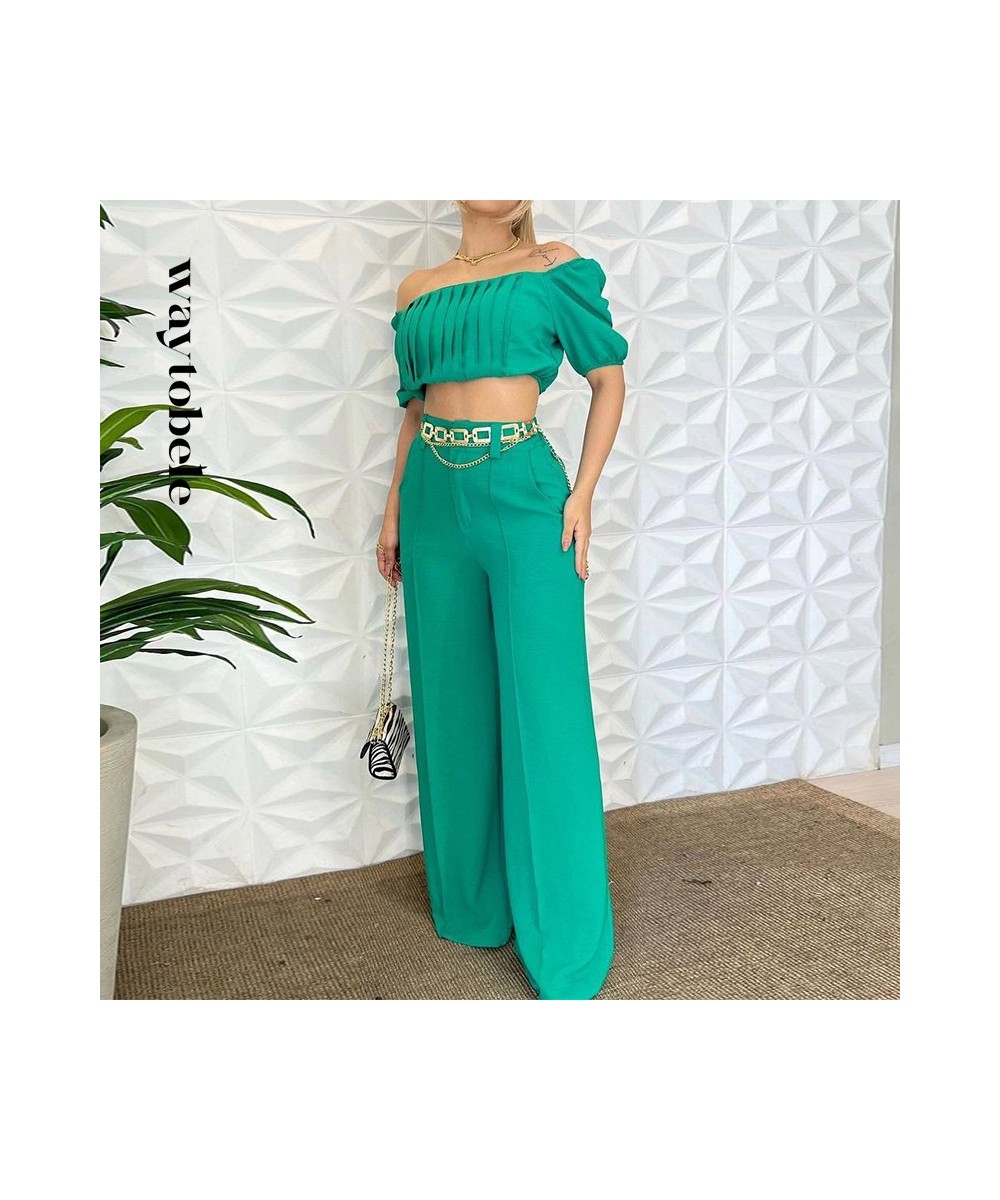 Women Two Piece Set Summer Fashion One Shoulder Short Puff Sleeve Slim Tops Loose Wide Legs Pants Sets High Streetwear $43.97...