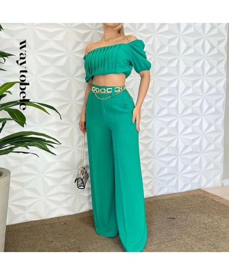 Women Two Piece Set Summer Fashion One Shoulder Short Puff Sleeve Slim Tops Loose Wide Legs Pants Sets High Streetwear $43.97...