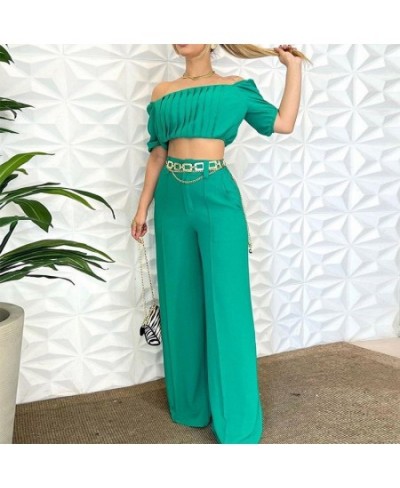 Women Two Piece Set Summer Fashion One Shoulder Short Puff Sleeve Slim Tops Loose Wide Legs Pants Sets High Streetwear $43.97...