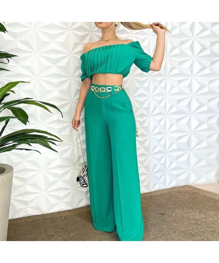 Women Two Piece Set Summer Fashion One Shoulder Short Puff Sleeve Slim Tops Loose Wide Legs Pants Sets High Streetwear $43.97...