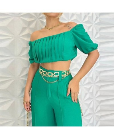 Women Two Piece Set Summer Fashion One Shoulder Short Puff Sleeve Slim Tops Loose Wide Legs Pants Sets High Streetwear $43.97...