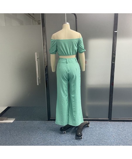 Women Two Piece Set Summer Fashion One Shoulder Short Puff Sleeve Slim Tops Loose Wide Legs Pants Sets High Streetwear $43.97...