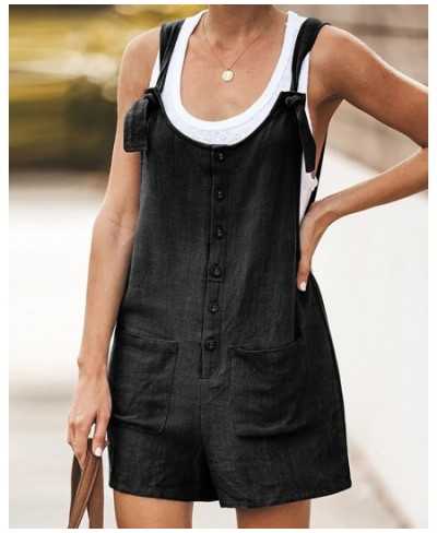 Women Button Jumpsuit Casual Solid Cotton Linen Jumpsuit with Pockets Lady Summer Regular Fit Sleeveless Jumpsuit Romper $21....