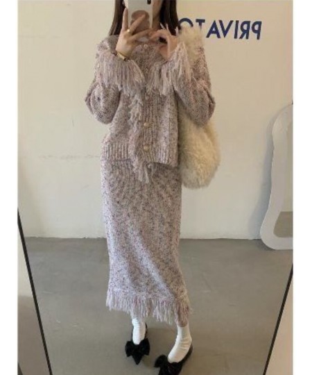 Age Reduction College Style 2 Piece Sets Womens Outfits Vintage Knit Top Tassel Skirt Leisure Fashion Conjuntos De Falda $75....