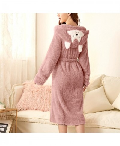 Fox 3d Ear Hooded Kimono Robe Gown Winter Warm Sleepwear Female Bathrobe Coral Fleece Thick Nightgown Long Bathrobe Home $66....