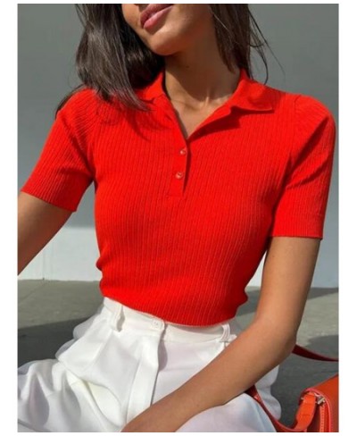 Women's Knitted Polo T-shirt Green Elegant Short Sleeve Women Summer Top 2023 Ribbed Sweater Slim Basic Polo With Collar 2881...