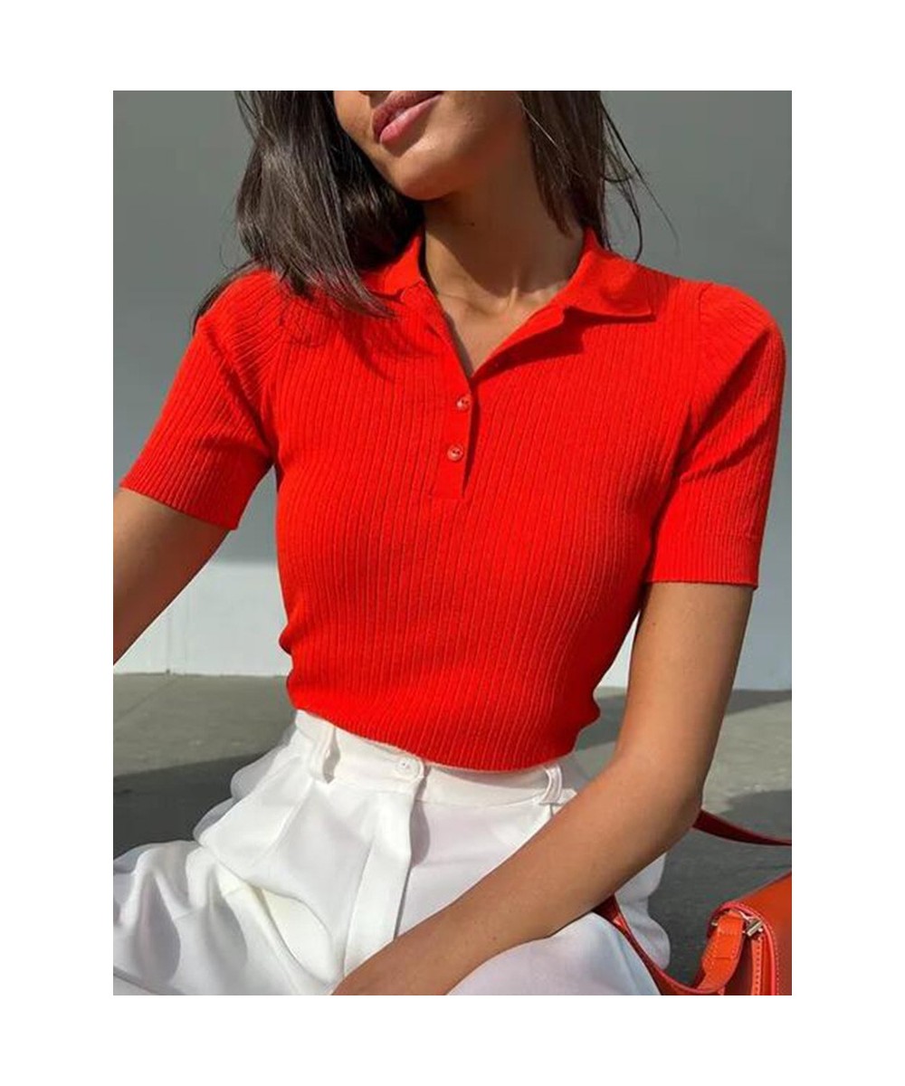 Women's Knitted Polo T-shirt Green Elegant Short Sleeve Women Summer Top 2023 Ribbed Sweater Slim Basic Polo With Collar 2881...