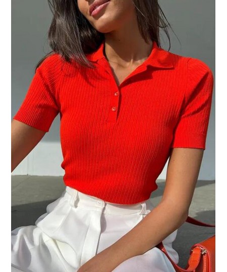 Women's Knitted Polo T-shirt Green Elegant Short Sleeve Women Summer Top 2023 Ribbed Sweater Slim Basic Polo With Collar 2881...