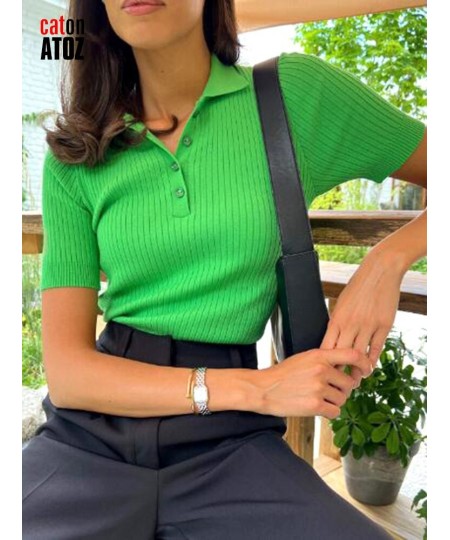 Women's Knitted Polo T-shirt Green Elegant Short Sleeve Women Summer Top 2023 Ribbed Sweater Slim Basic Polo With Collar 2881...