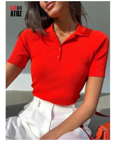 Women's Knitted Polo T-shirt Green Elegant Short Sleeve Women Summer Top 2023 Ribbed Sweater Slim Basic Polo With Collar 2881...