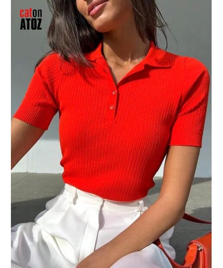 Women's Knitted Polo T-shirt Green Elegant Short Sleeve Women Summer Top 2023 Ribbed Sweater Slim Basic Polo With Collar 2881...