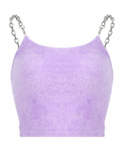 2023 Sexy Fashion Women Summer Casual Sleeveless Plush Camis T-shirt Sleeveless Fur Metal Chain Strappy Crop Top Purple $22.5...