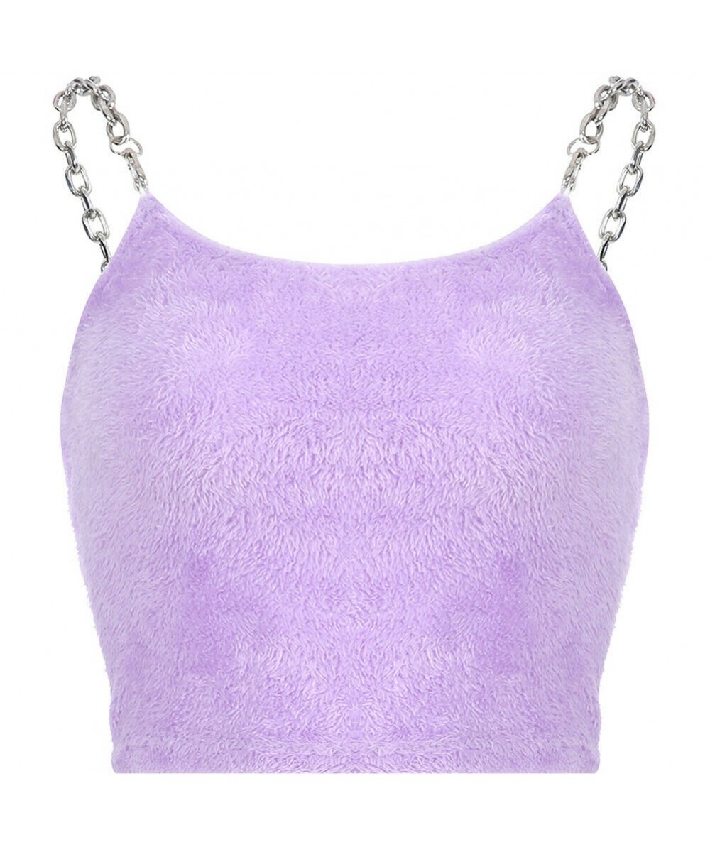 2023 Sexy Fashion Women Summer Casual Sleeveless Plush Camis T-shirt Sleeveless Fur Metal Chain Strappy Crop Top Purple $22.5...