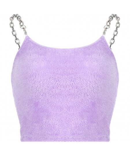 2023 Sexy Fashion Women Summer Casual Sleeveless Plush Camis T-shirt Sleeveless Fur Metal Chain Strappy Crop Top Purple $22.5...