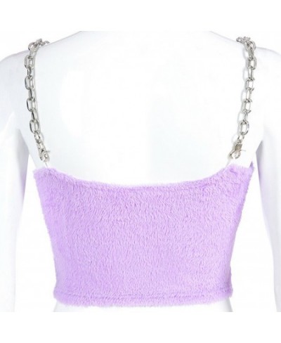 2023 Sexy Fashion Women Summer Casual Sleeveless Plush Camis T-shirt Sleeveless Fur Metal Chain Strappy Crop Top Purple $22.5...