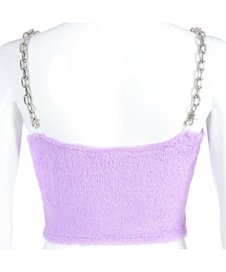 2023 Sexy Fashion Women Summer Casual Sleeveless Plush Camis T-shirt Sleeveless Fur Metal Chain Strappy Crop Top Purple $22.5...